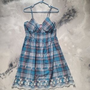 Blue Plaid Kids Dress with Embroidered Details
